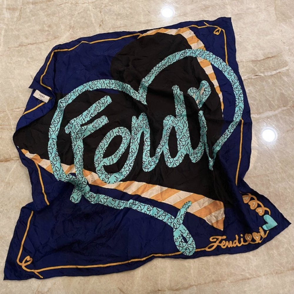 SOLD Fendi Navy Multicolor Printed Silk Logo Scarf